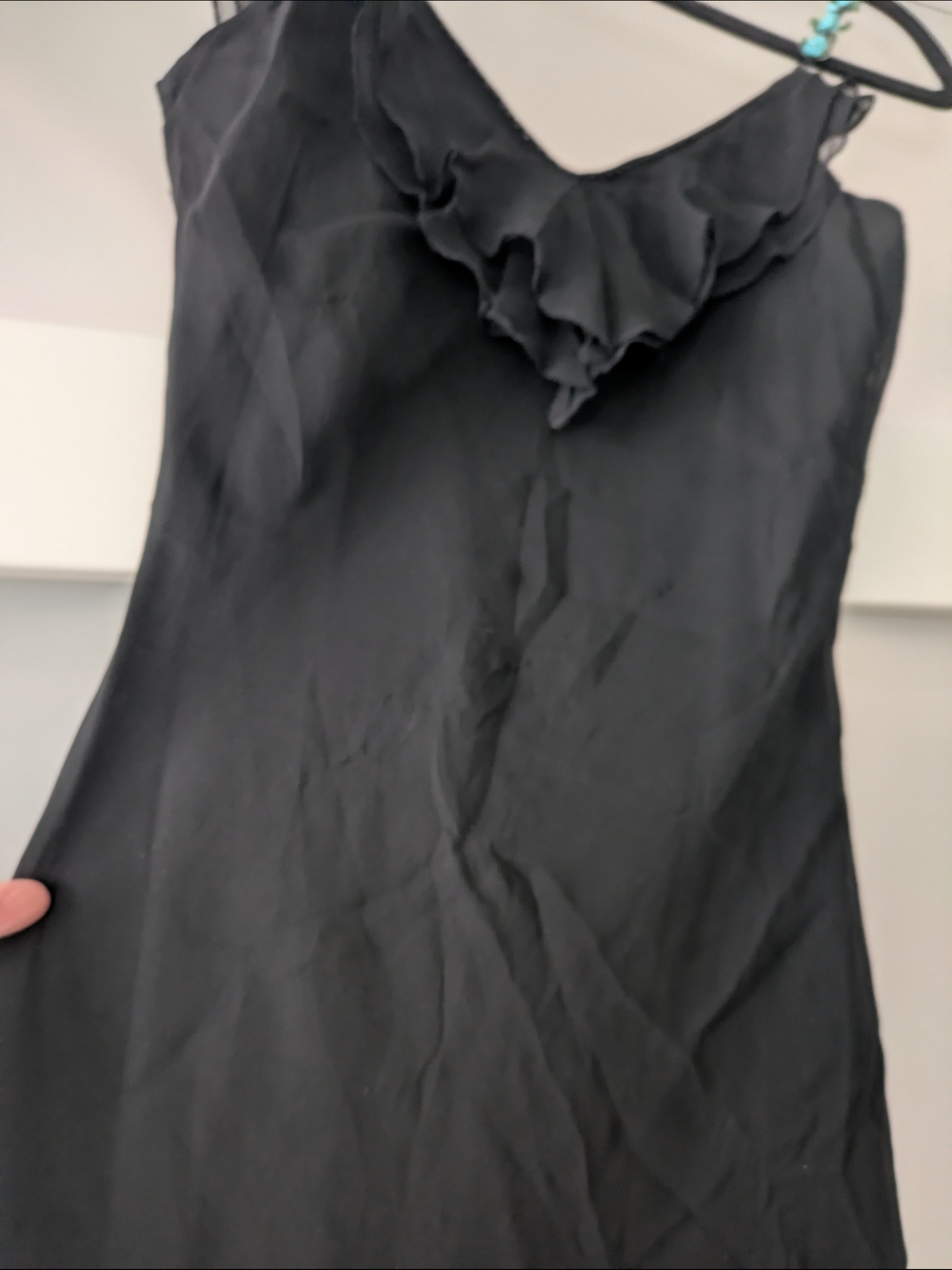 Mixit Black Asymmetrical Ruffle Slip Dress with Teal Bead Accents - Picture 5 of 6